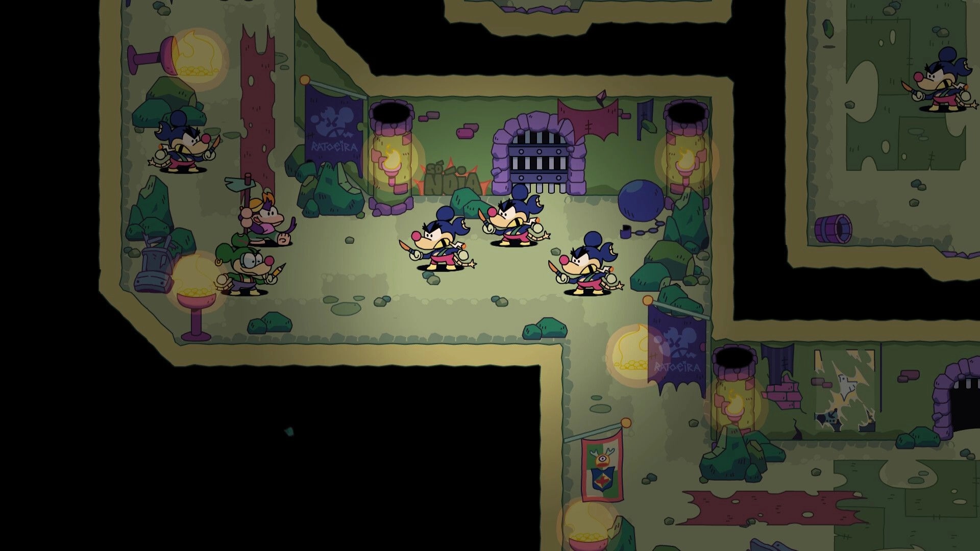 Toada Brava: Party faces three knife-wielding enemies near torchlit gate in dungeon corridor.