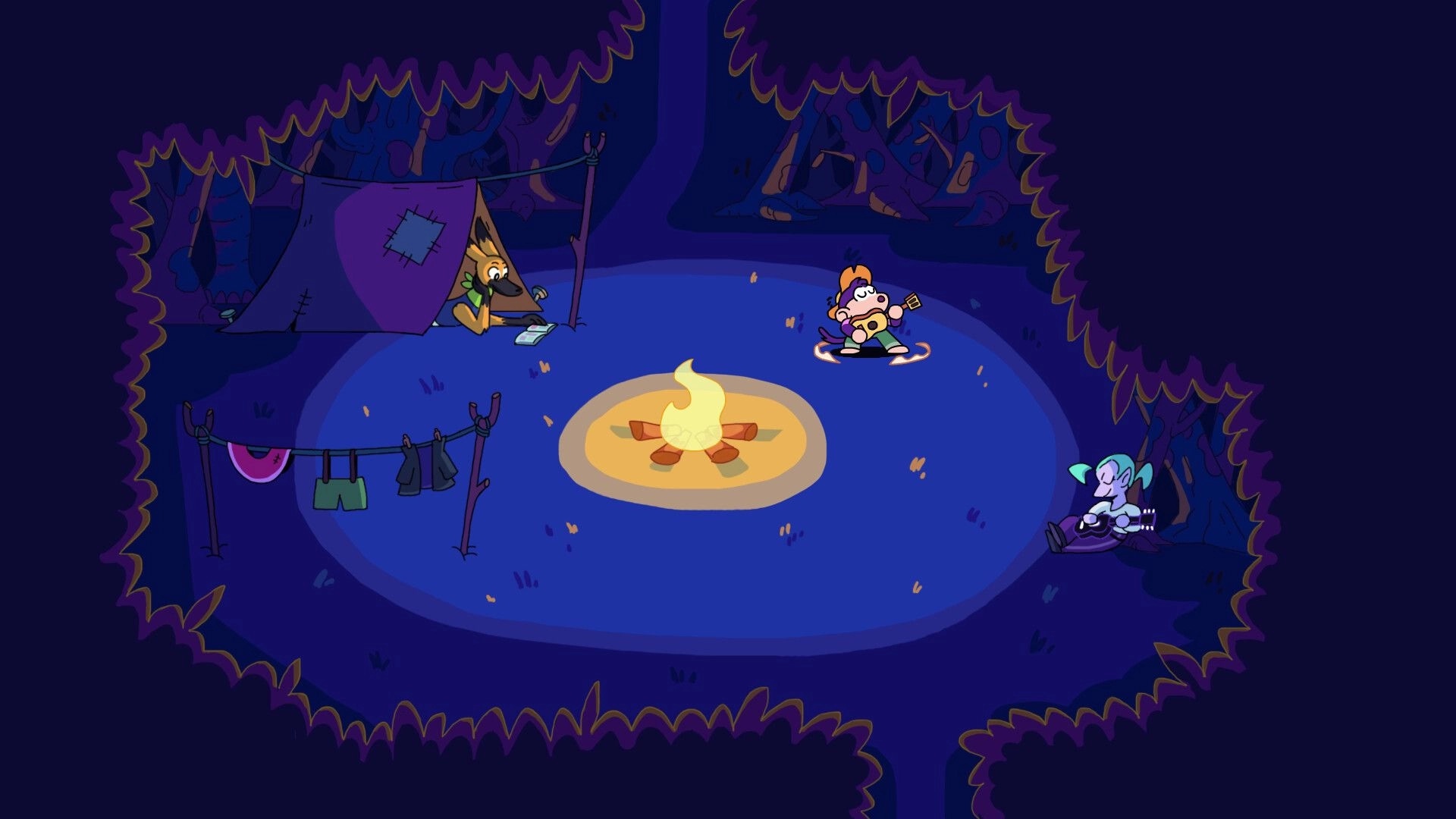 Toada Brava: Three characters around a campfire with tent and clothesline in a dark forest clearing.