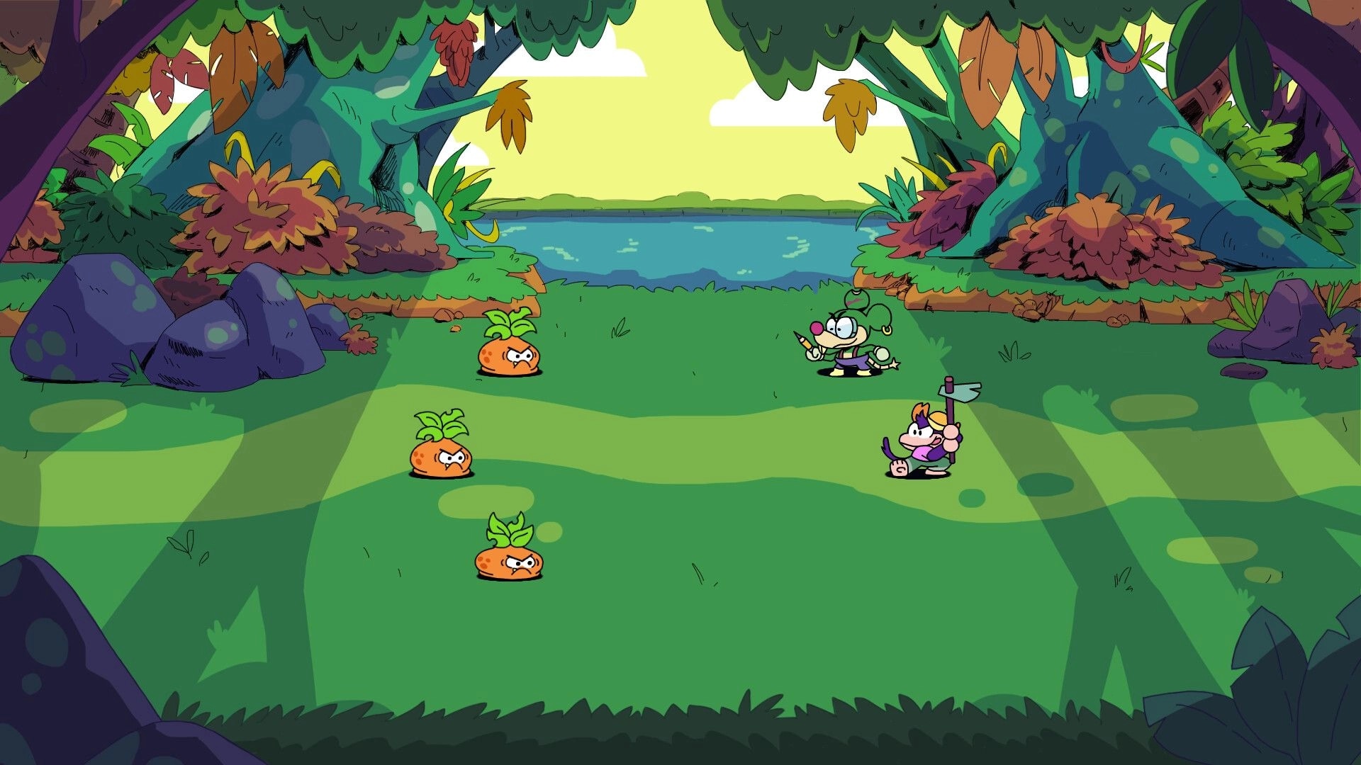 Toada Brava: Turn-based battle with two heroes facing three angry plant blobs in forest clearing by river.