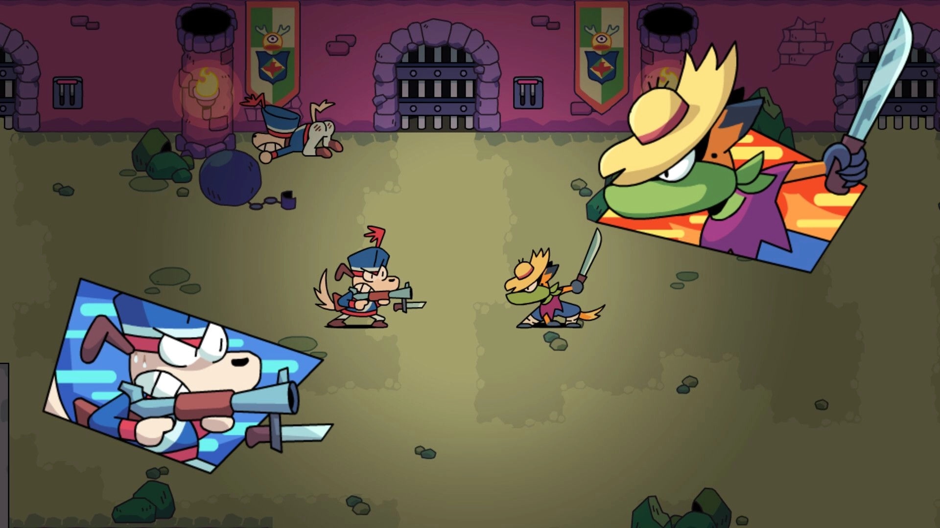 Toada Brava: Soldier aims rifle at sword-wielding bandit in torchlit dungeon hallway with cell doors.