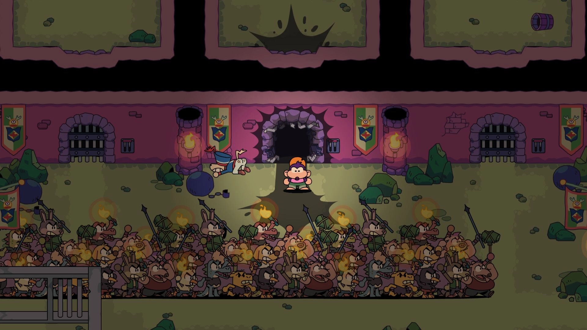 Toada Brava: Hero stands before a jagged dungeon gate as a torchlit crowd of rebels surges below.