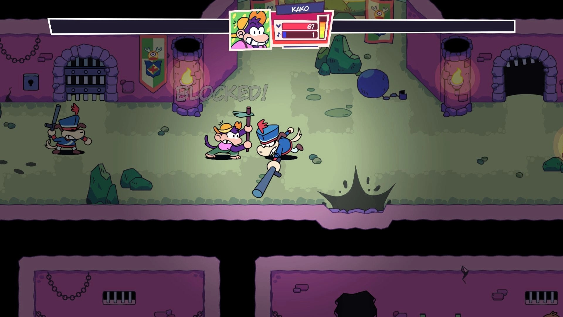 Toada Brava: Kako blocks a spear attack in combat torchlit dungeon corridor with health UI bar at top.