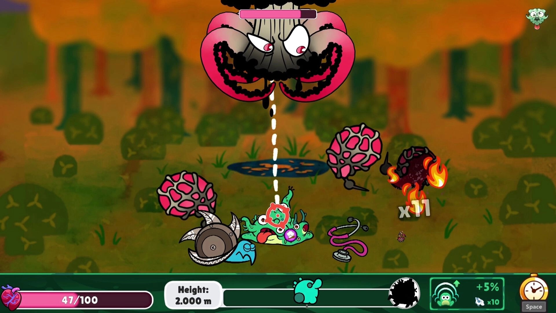 Toadled: Toad battles giant floating boss with health bar in swamp arena, height and hearts UI below.