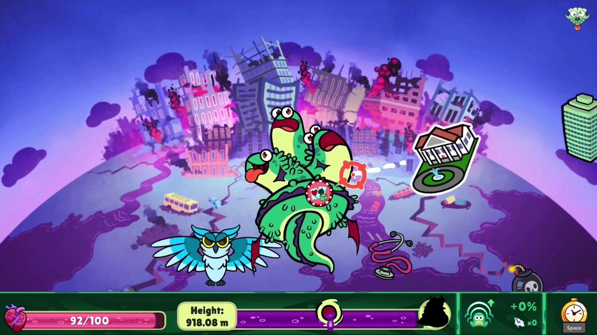 Toadled: Mutant multi-headed toad over ruined city map with height meter and item icons on HUD.