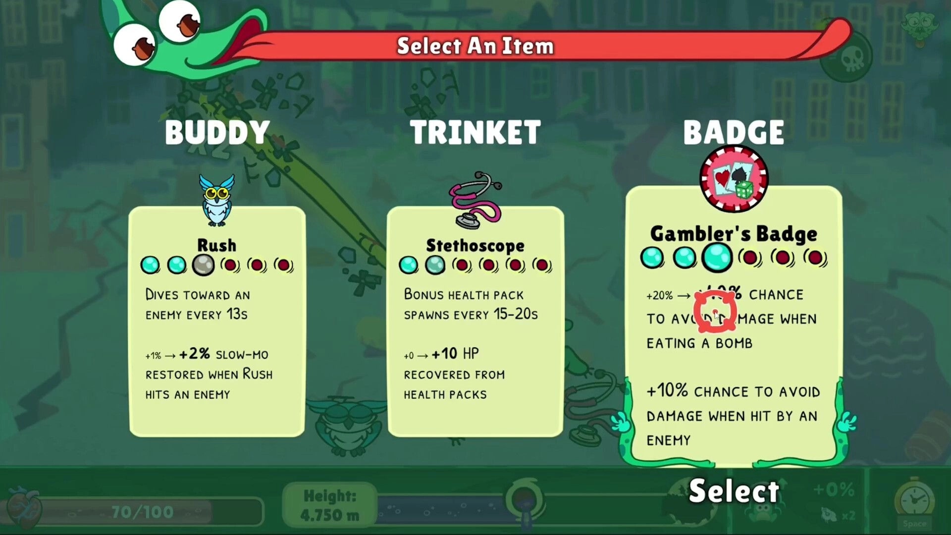 Toadled: Item selection menu with Rush buddy, Stethoscope trinket, and Gambler's Badge options.
