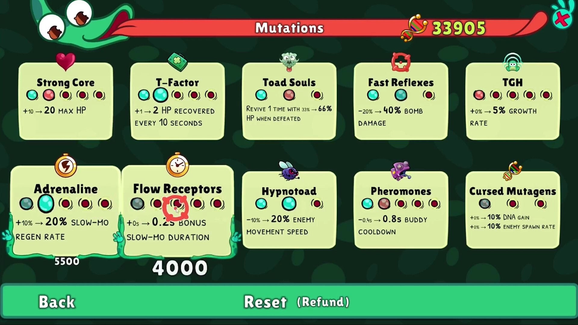 Toadled: Mutations upgrade menu with perk cards and costs over a dark green patterned backdrop.