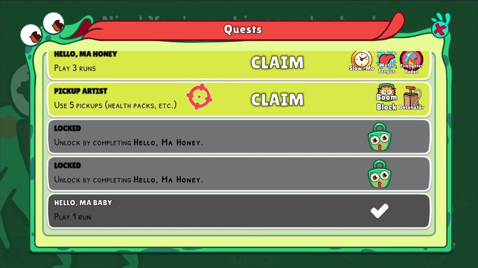 Toadled: Quests menu with claimable rewards for runs and pickups, plus locked tasks list UI.