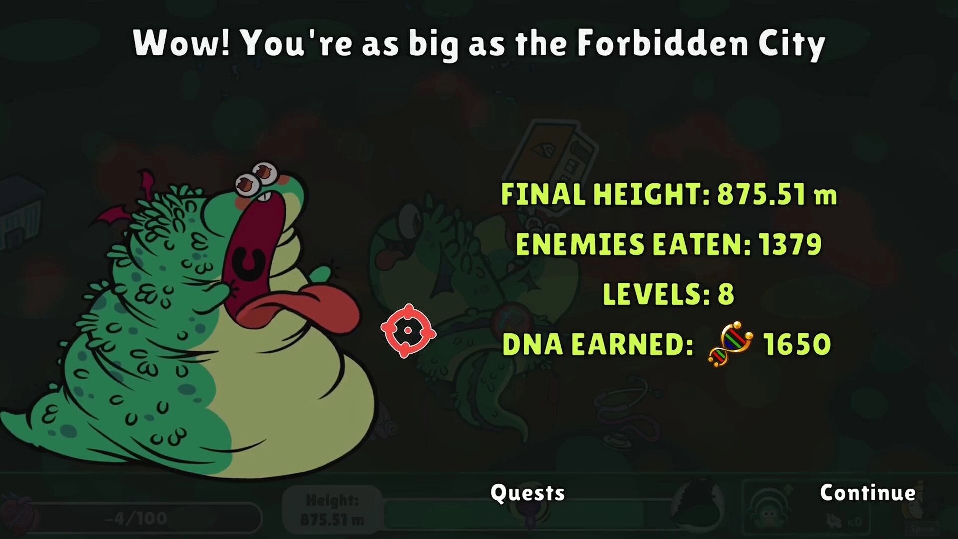 Toadled: End-of-run results screen with giant drooling toad and stats, Quests and Continue buttons.