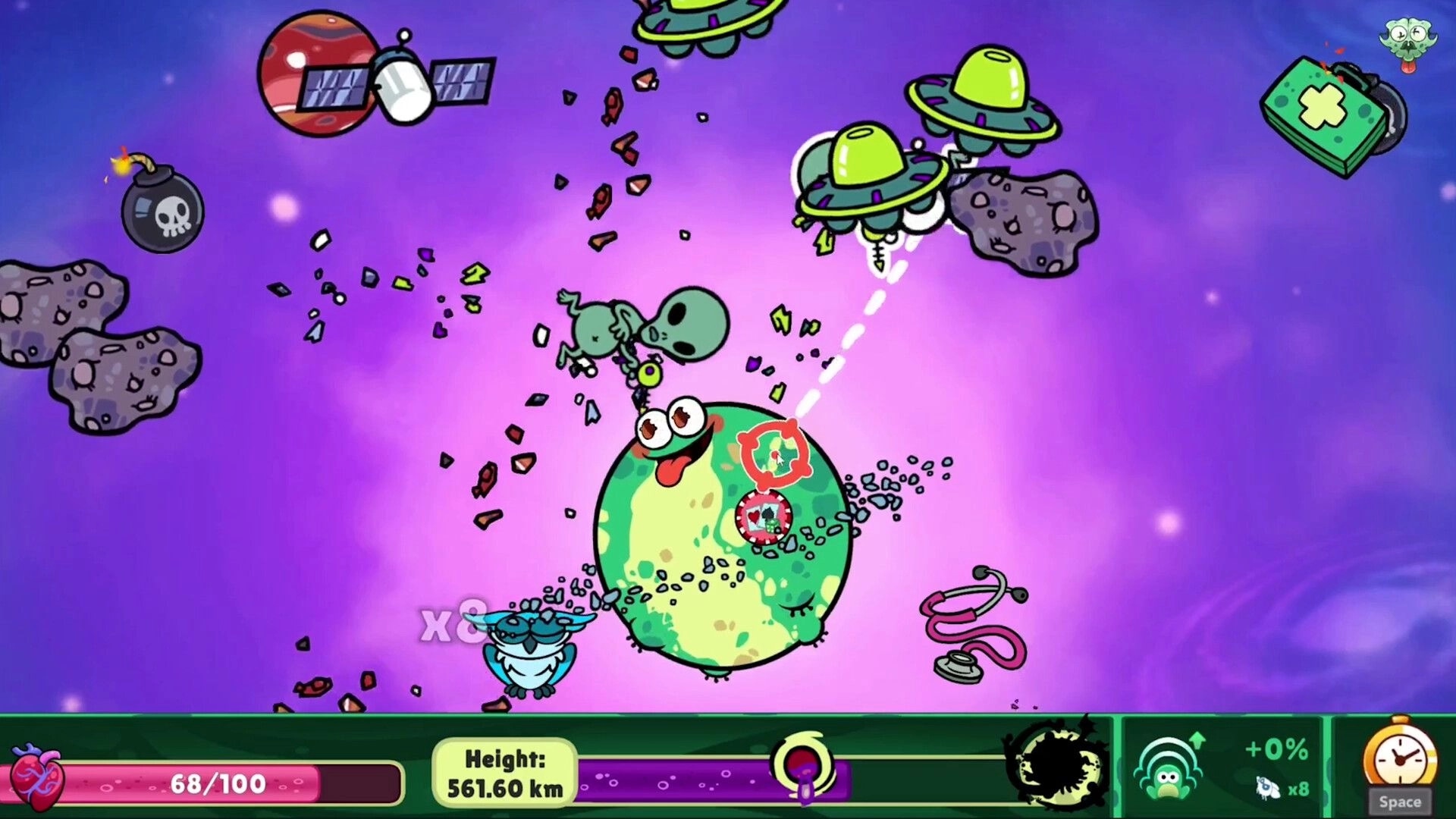 Toadled: Giant toad-planet dodges UFOs and debris in purple space with health and height UI bar.