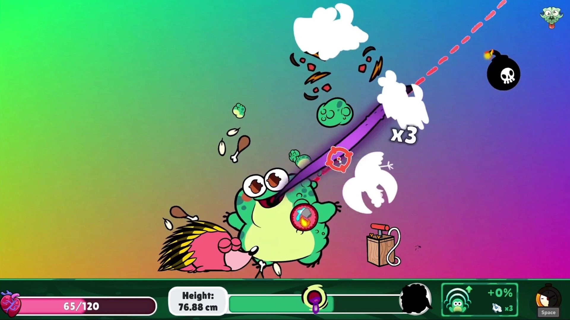 Toadled: Toad grabs prey with long tongue as bomb icon and height meter sit over rainbow arena.