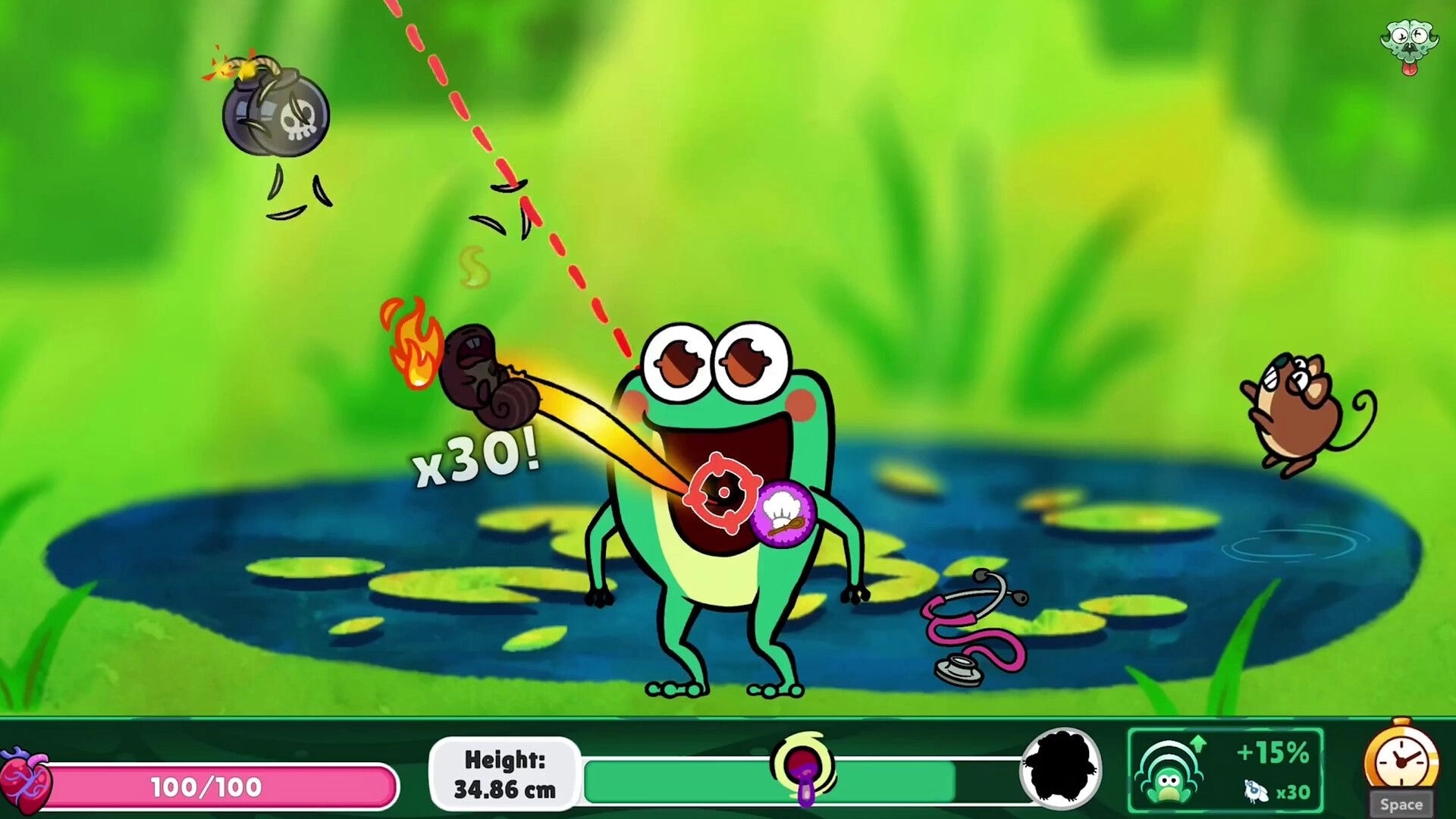 Toadled: Toad tongue grabs flaming snail x30 by pond with lily pads, health and height UI bar.