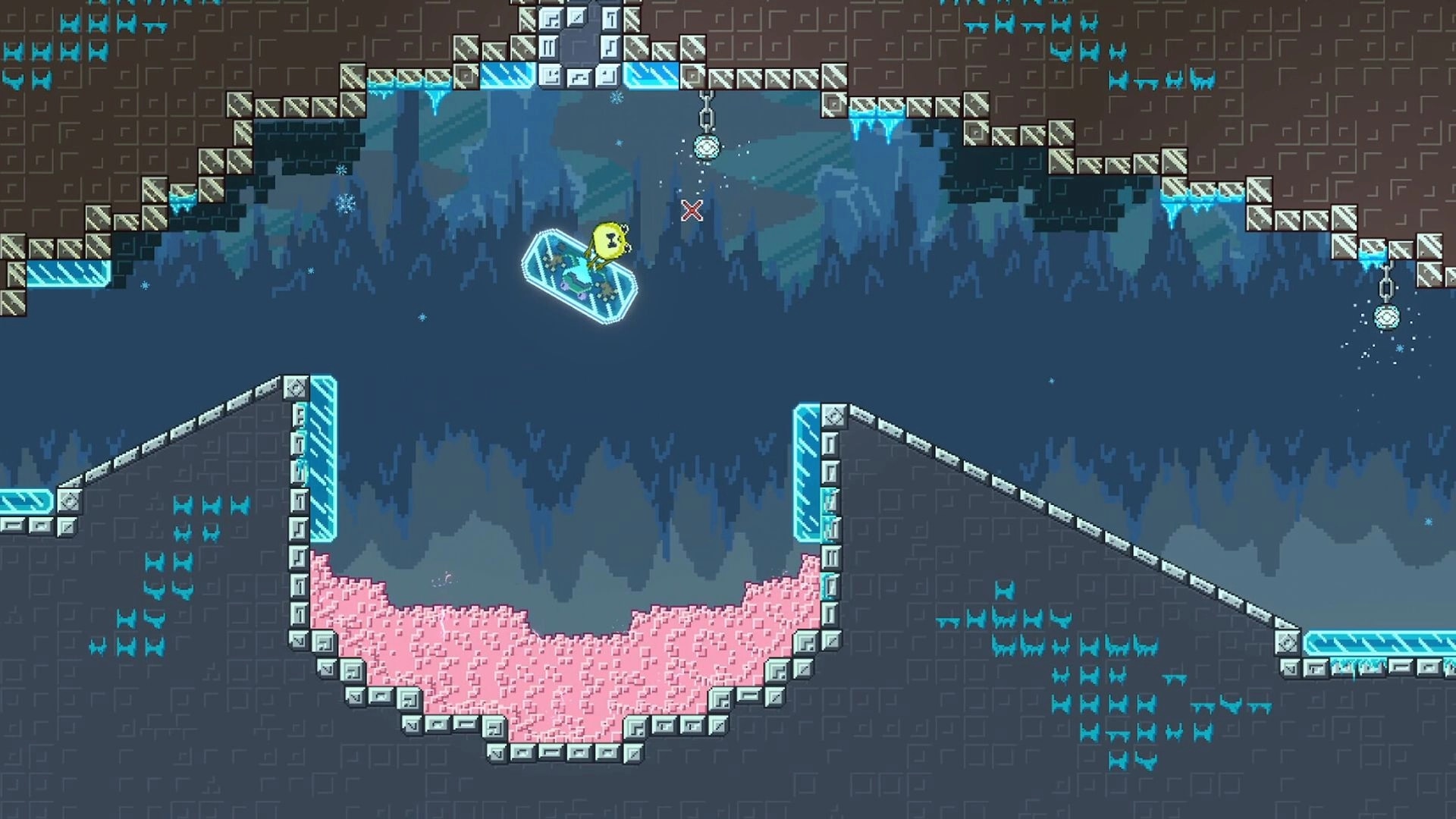 Todd The Tubby Toad: Todd swings on a glowing ice block past hooks and spikes in a frozen cave level.