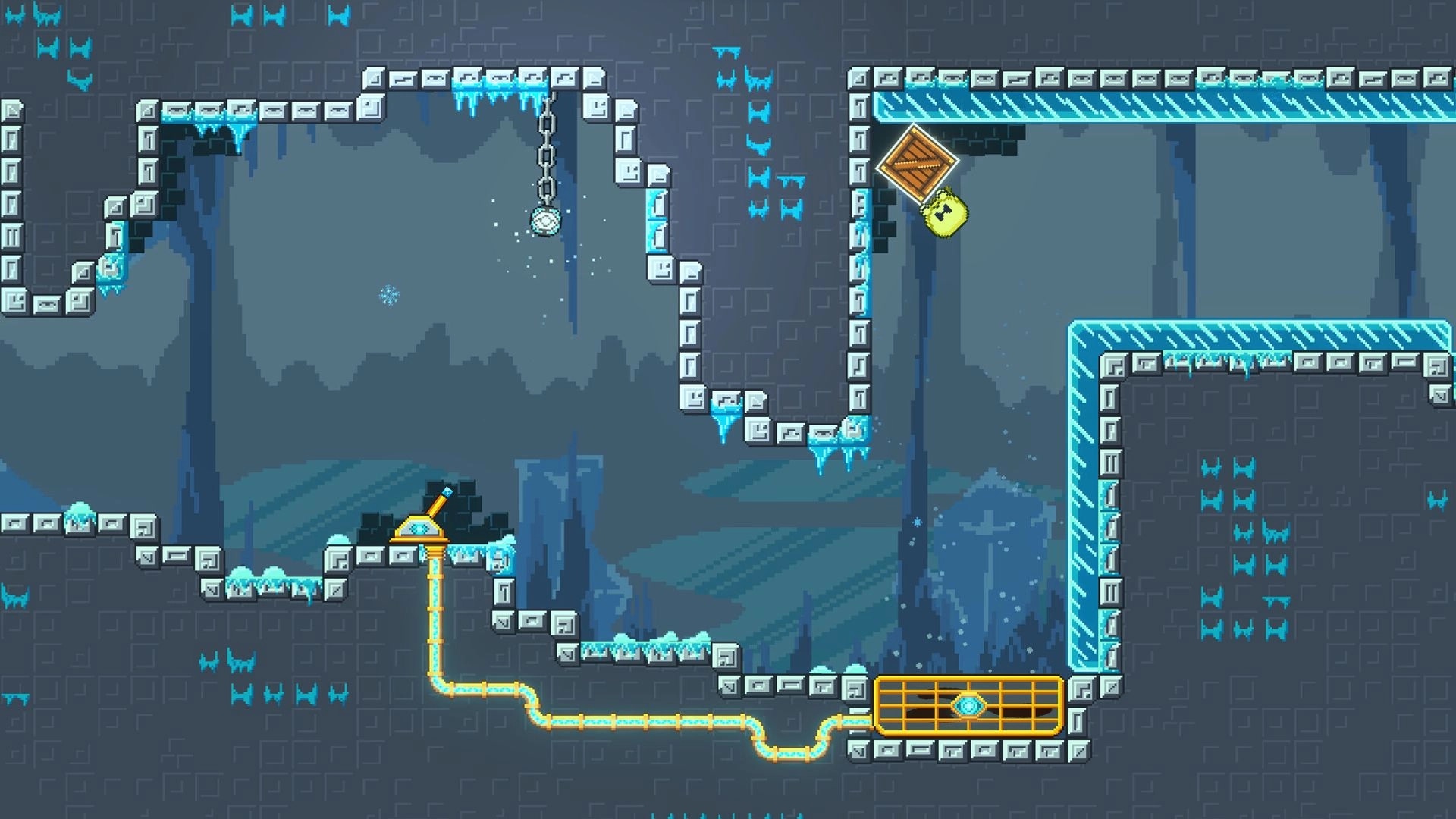 Todd The Tubby Toad: Grappling a crate near icy ledges and a hanging chain ball in a cavern puzzle room.