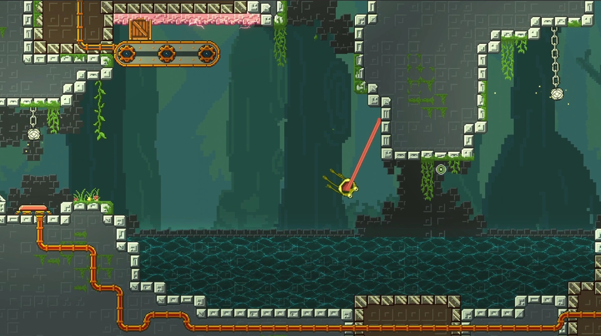 Todd The Tubby Toad: Todd grapples with tongue over water in vine-covered stone tower ruins with chains.
