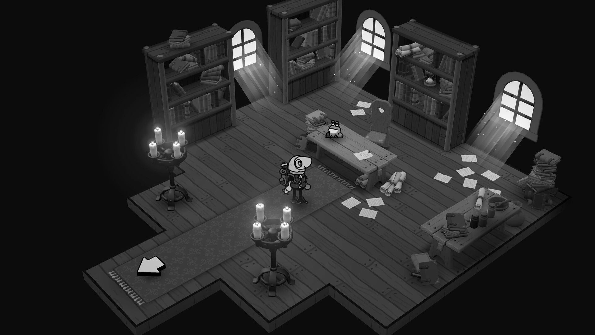 TOEM 2: Photographer stands by a desk with a frog in a candlelit library of books and papers.