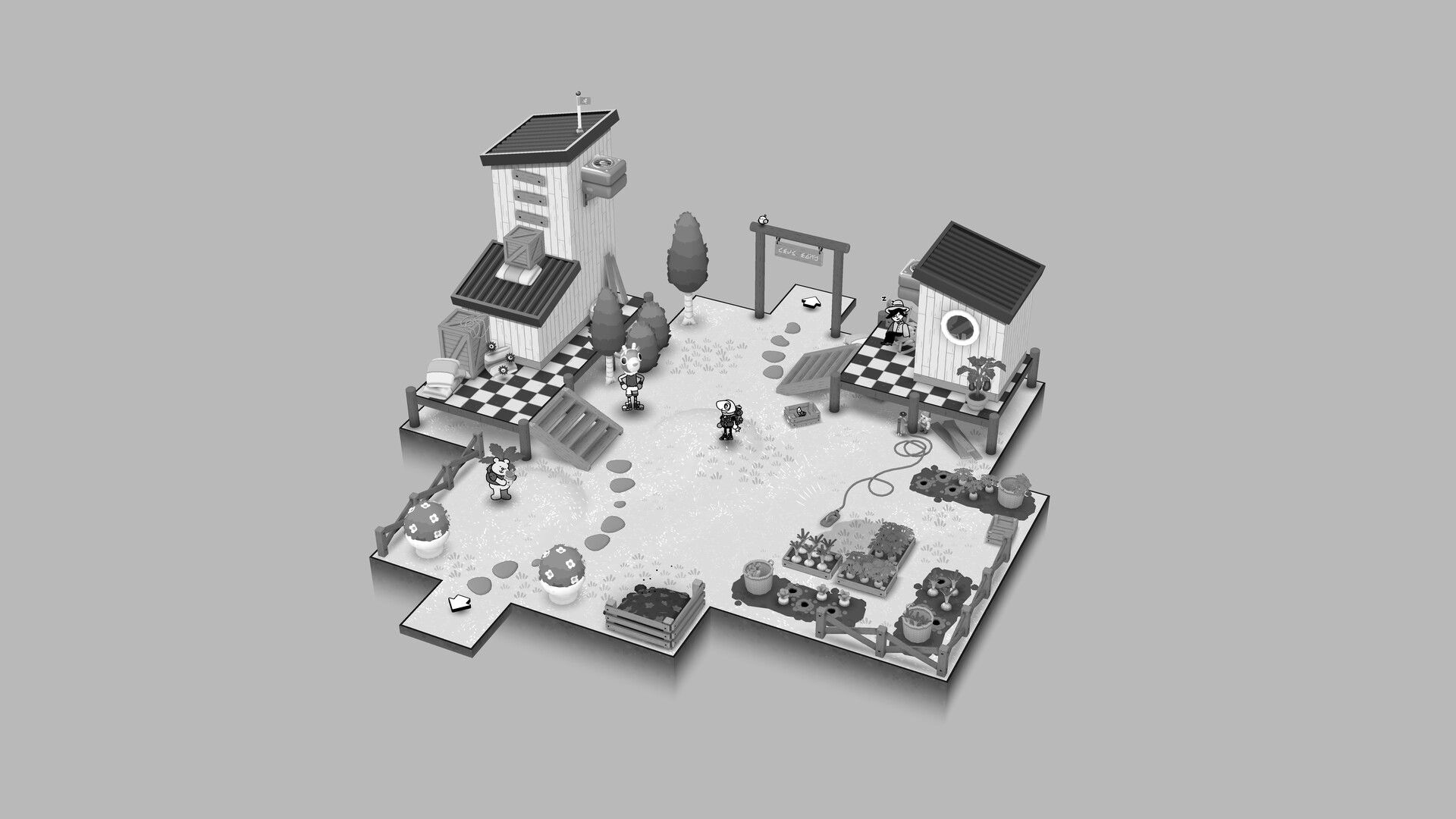 TOEM 2: Photographer stands by two NPCs between cabins and garden plots in a small fenced yard.