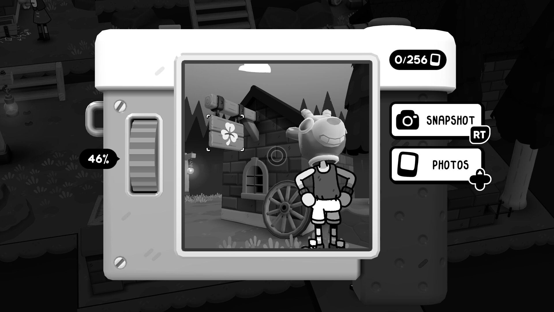TOEM 2: Camera view framing a character by a brick building and sign, Snapshot and Photos UI open.