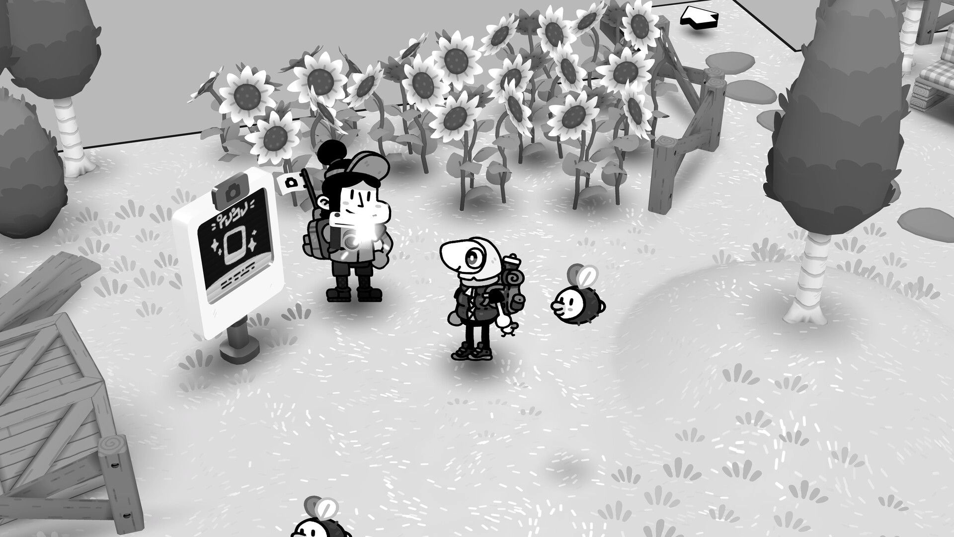TOEM 2: Two backpacked characters by a photo quest sign in a sunflower garden with buzzing bees.