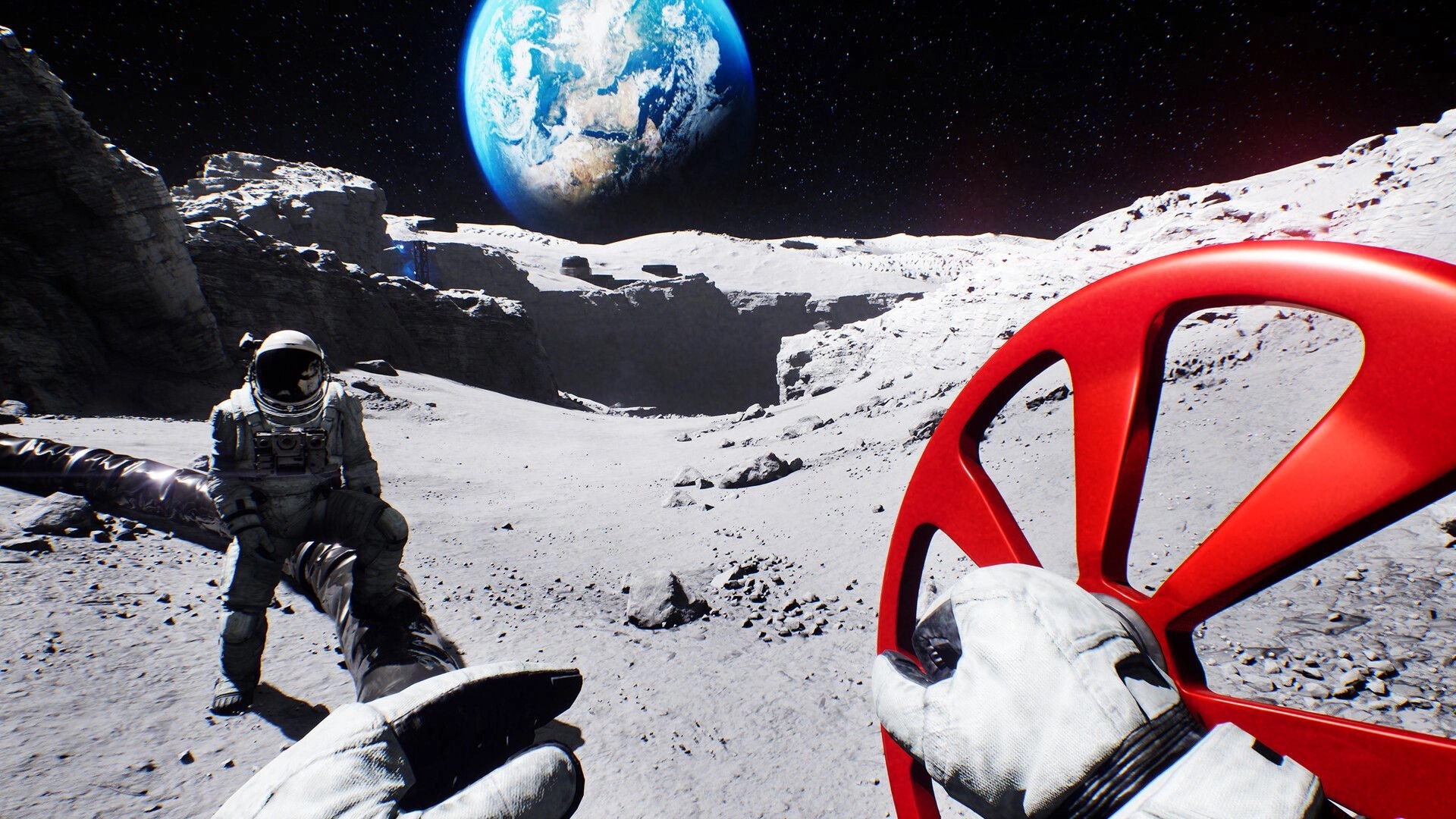 Together: Astronaut holds red tool facing partner on rocky lunar surface with Earth visible in sky.