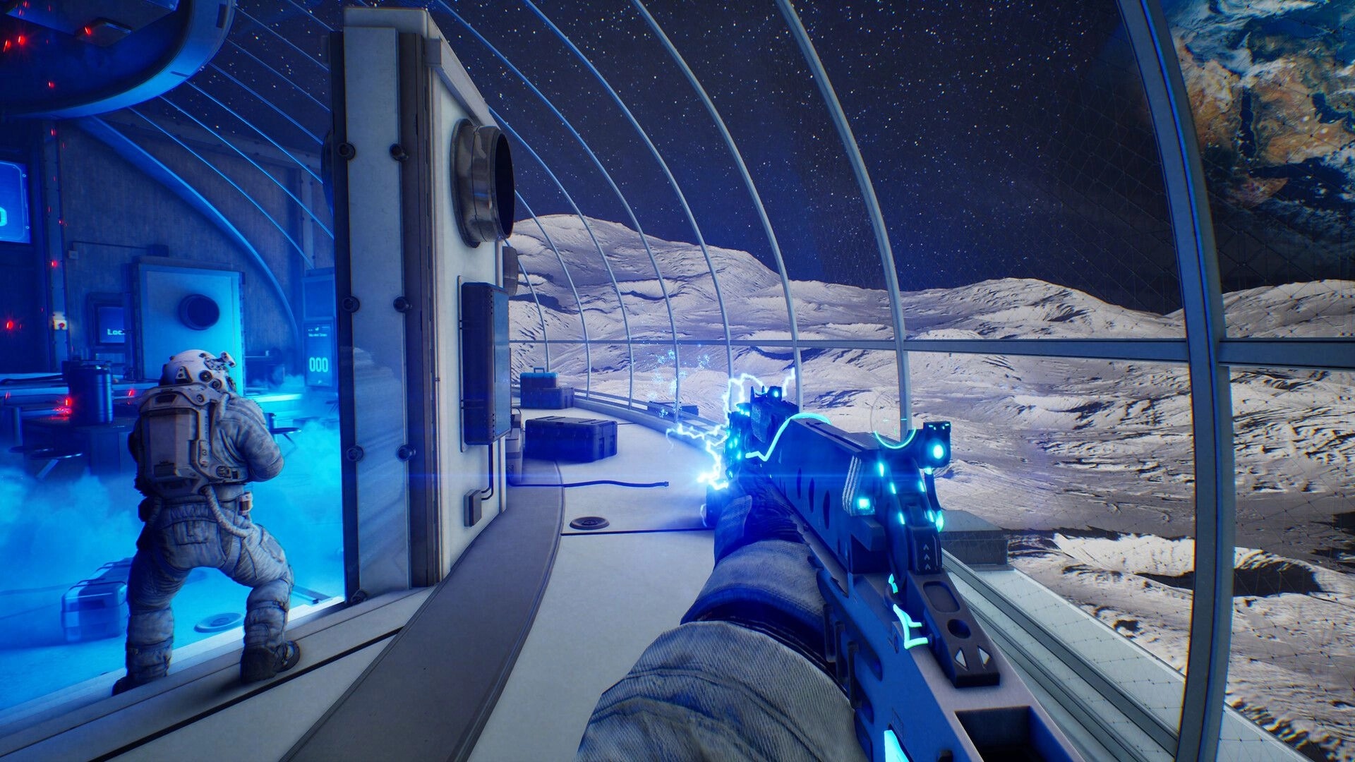 Together: Two astronauts navigate a lunar base corridor while one wields a glowing blue weapon.