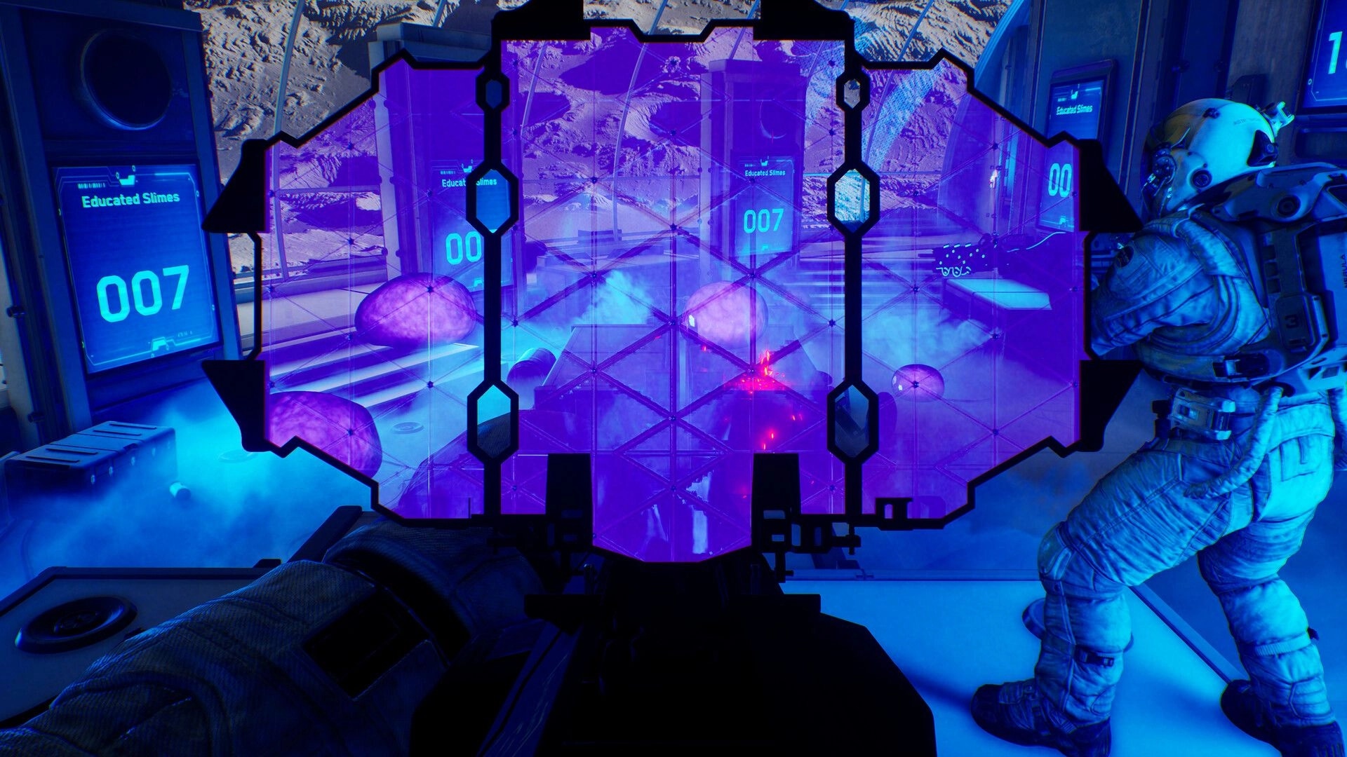 Together: Astronaut targets slimes through purple shield in lunar base control room.