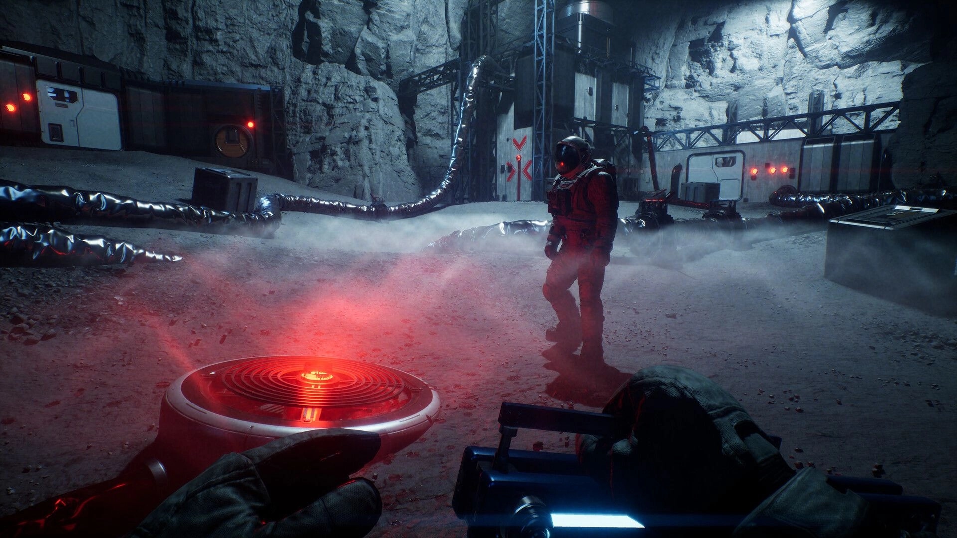 Together: Astronaut holding a glowing red device in a moon base with rocky walls and industrial pipes.