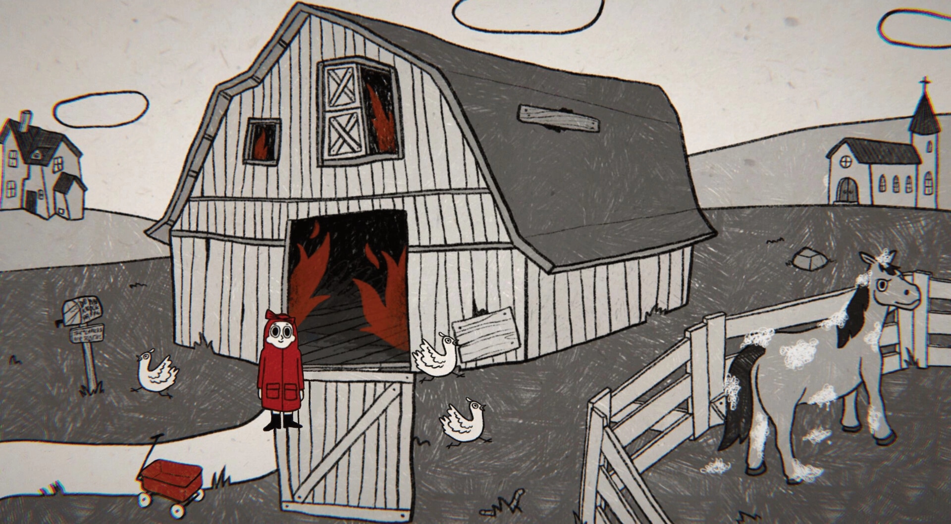 Tom the postgirl: Standing by a barn on fire with chickens and a horse in the village countryside.