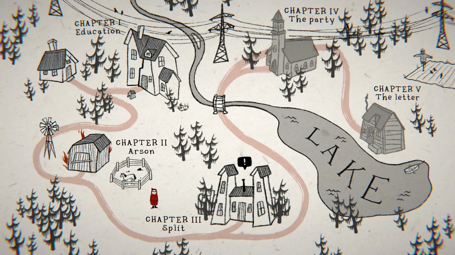 Tom the postgirl: Overhead map view with labeled chapters, featuring a lake and various village scenes.