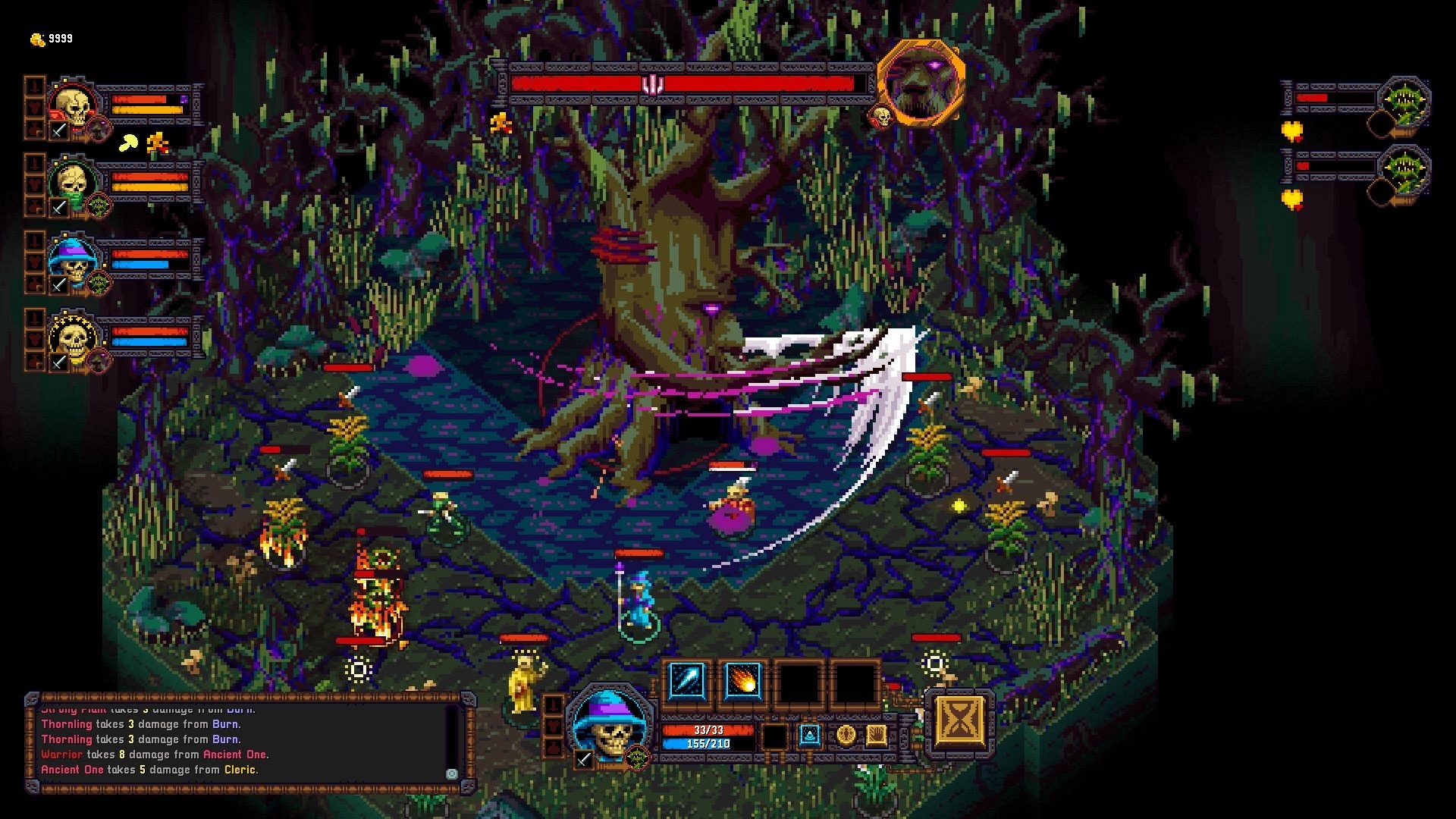Tomb Guard: Skeleton party battles a tree boss with slashing arc effects in a swampy forest arena.