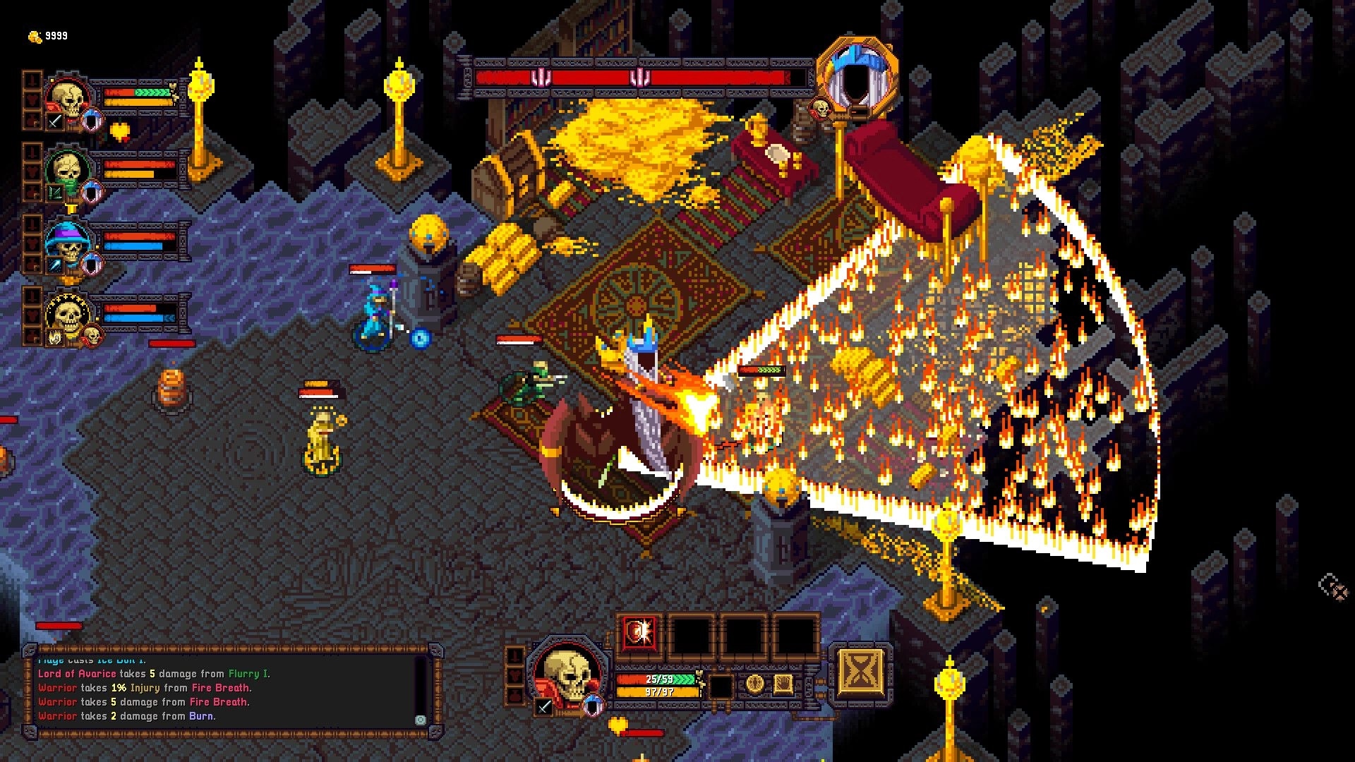 Tomb Guard: Skeleton party battles a fire-breathing fiend in a torchlit tomb room with unit UI bars.