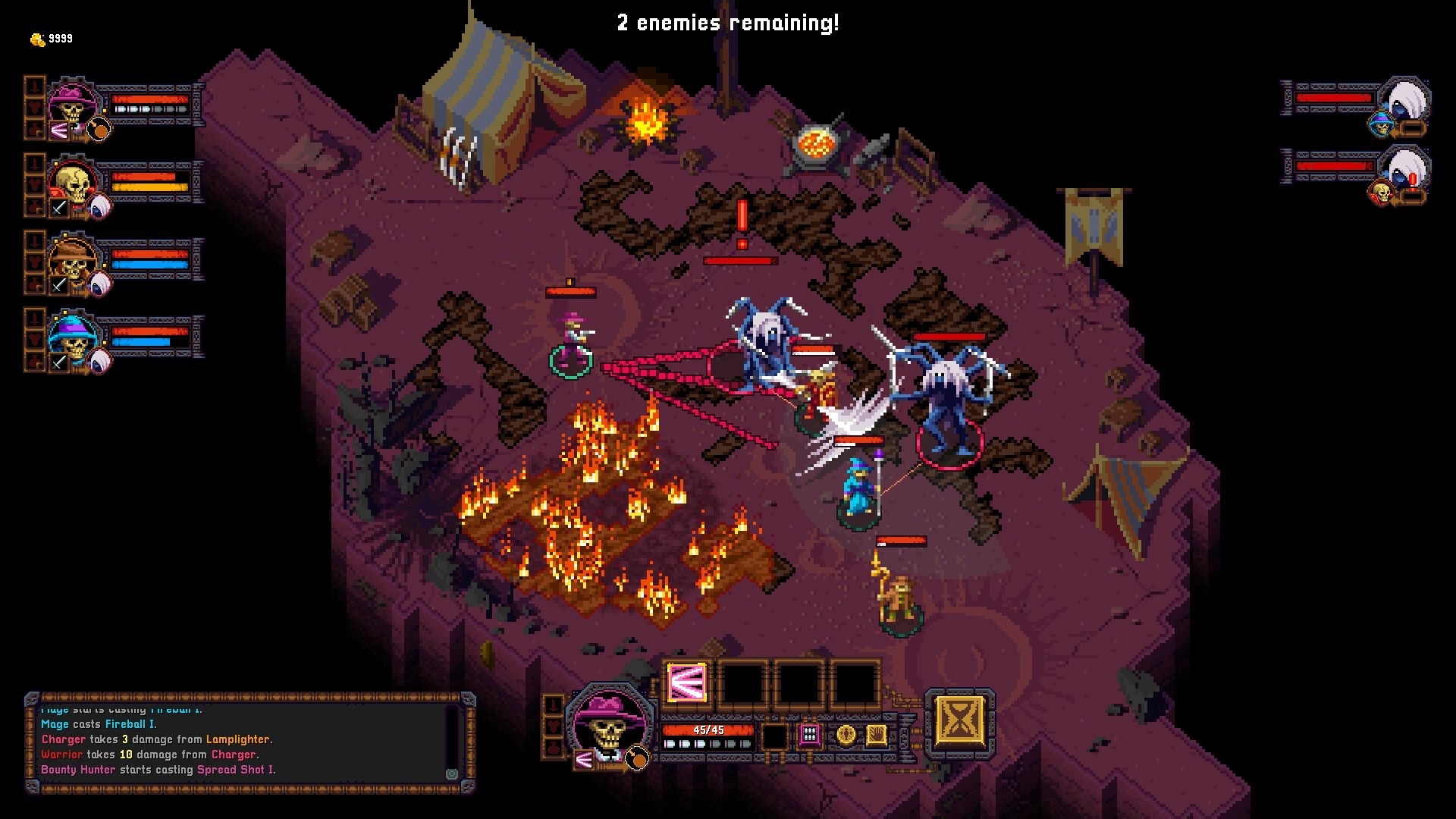 Tomb Guard: Skeleton squad fights two fiends with targeting cones in a burning desert camp battlefield.