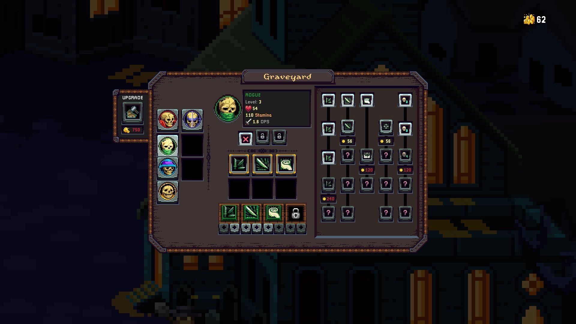 Tomb Guard: Graveyard upgrade menu with Rogue stats, skill tree, and skull unit icons on dark map.