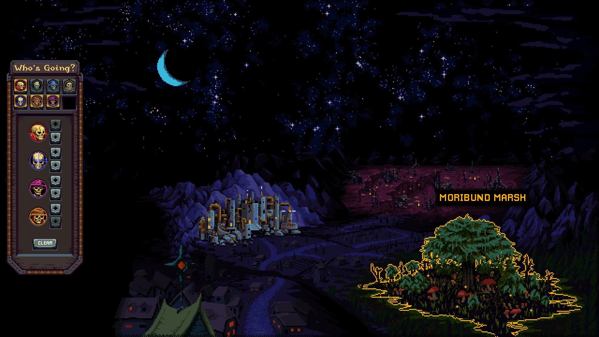 Tomb Guard: Party selection menu beside world map under starry sky, Moribund Marsh highlighted.
