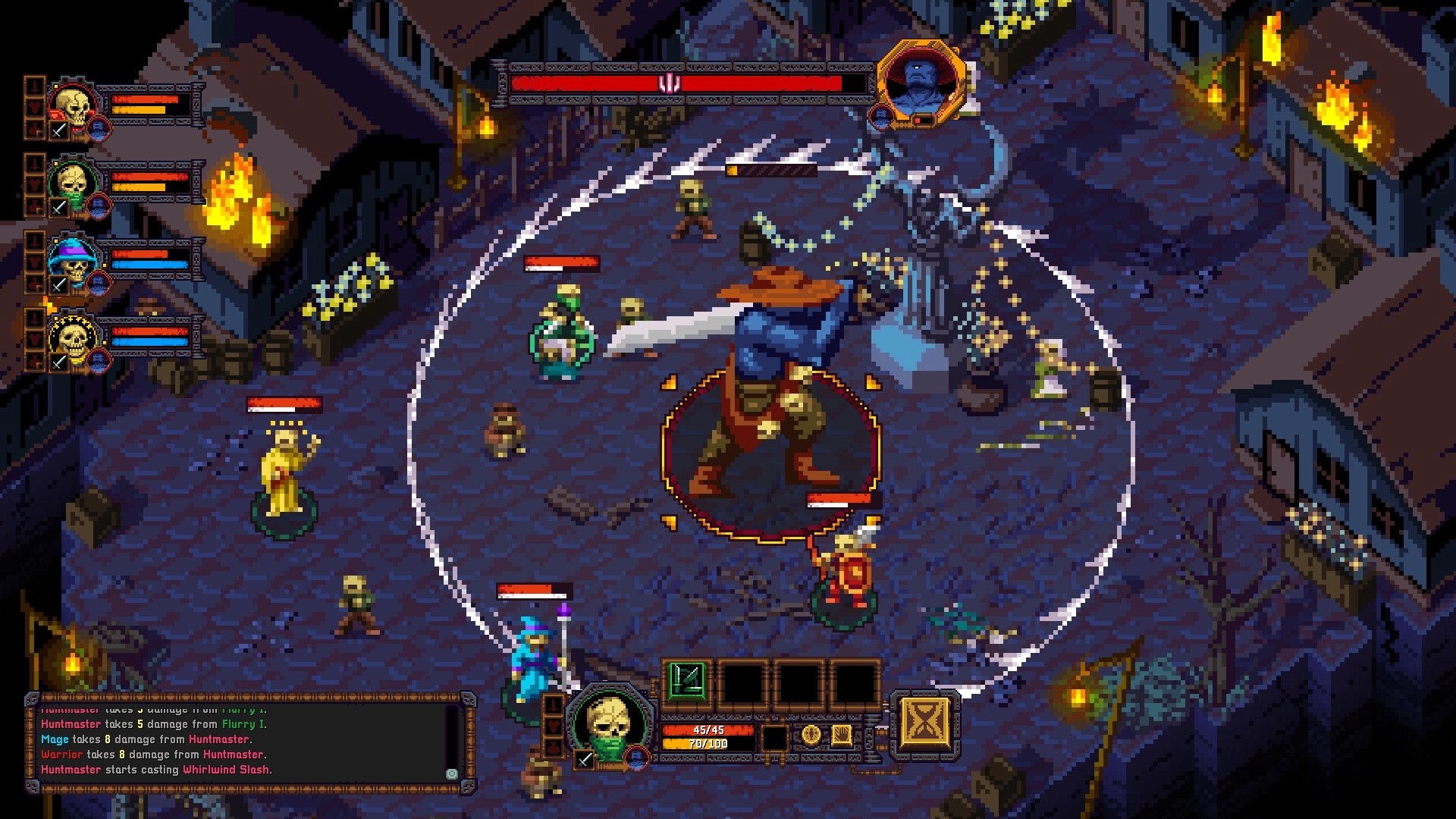 Tomb Guard: Skeleton squad battles a huge armored foe in a torchlit village street with HUD panels.