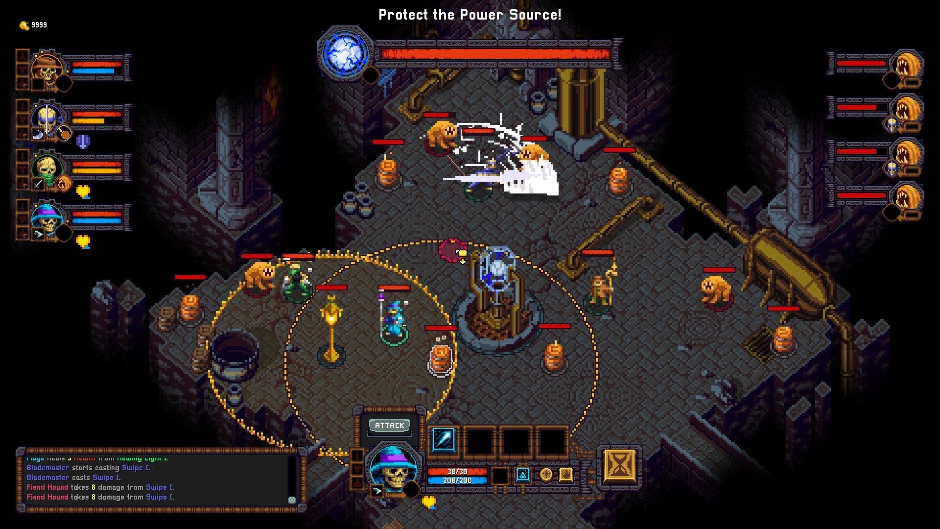 Tomb Guard: Skeleton squad battles fiend hounds around a glowing power source in a torchlit tomb chamber.