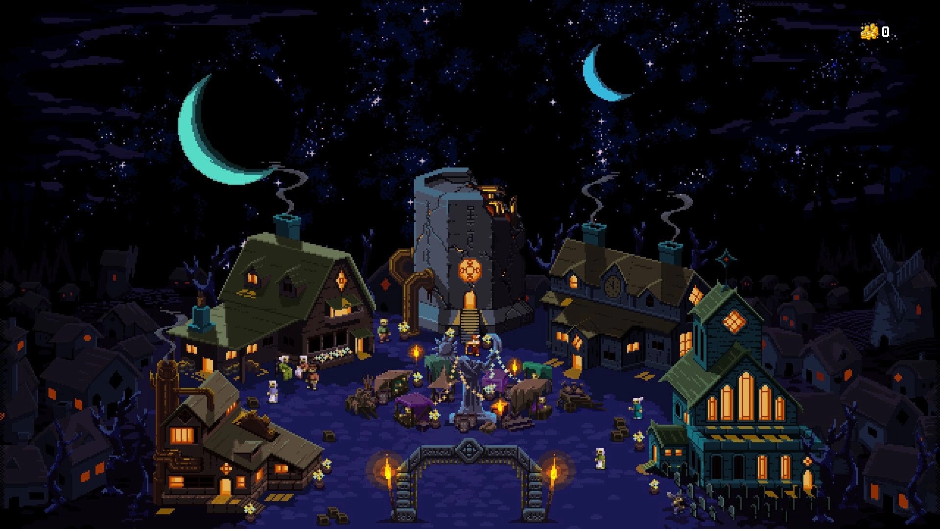Tomb Guard: Nighttime village hub with lit buildings, central monument, and small units roaming under moons.