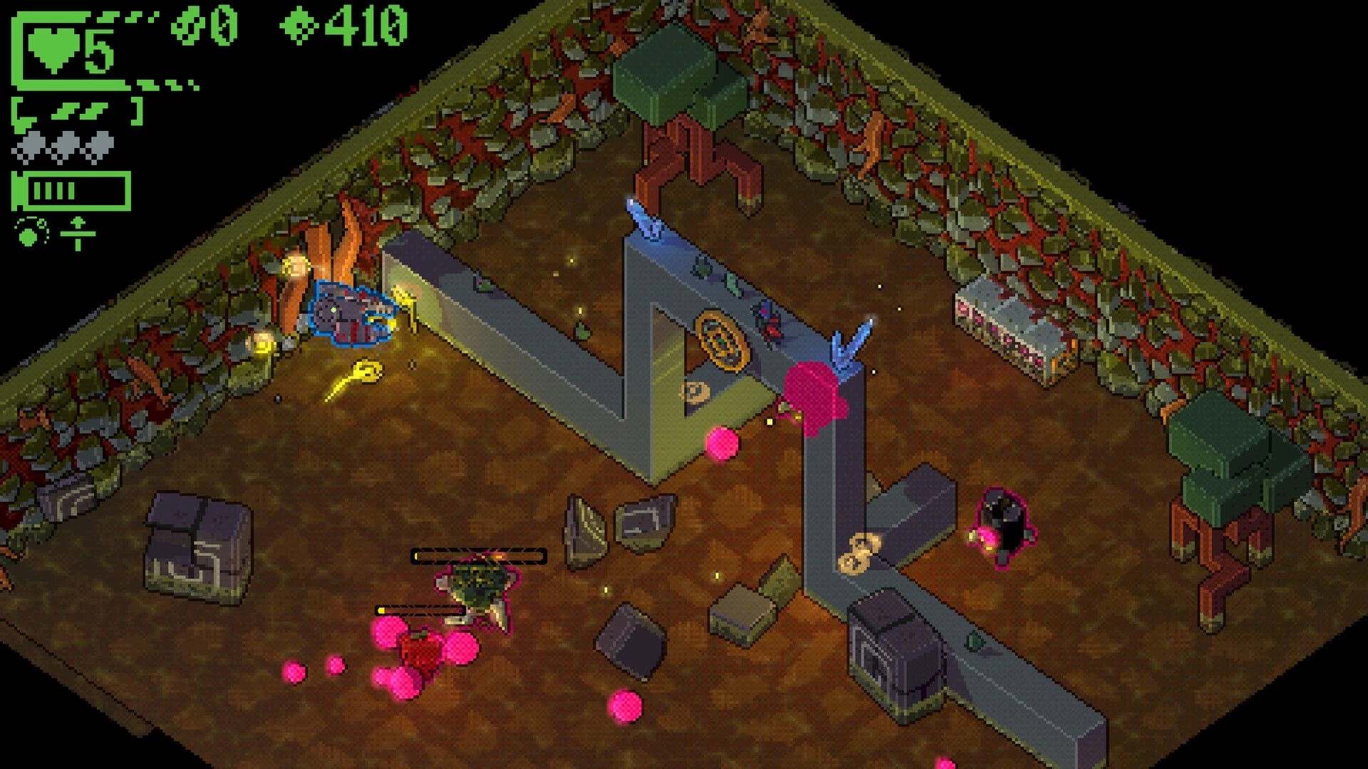 Tomb of the New God: Player fires at enemies amid stone walls and trees in a cave arena HUD visible.