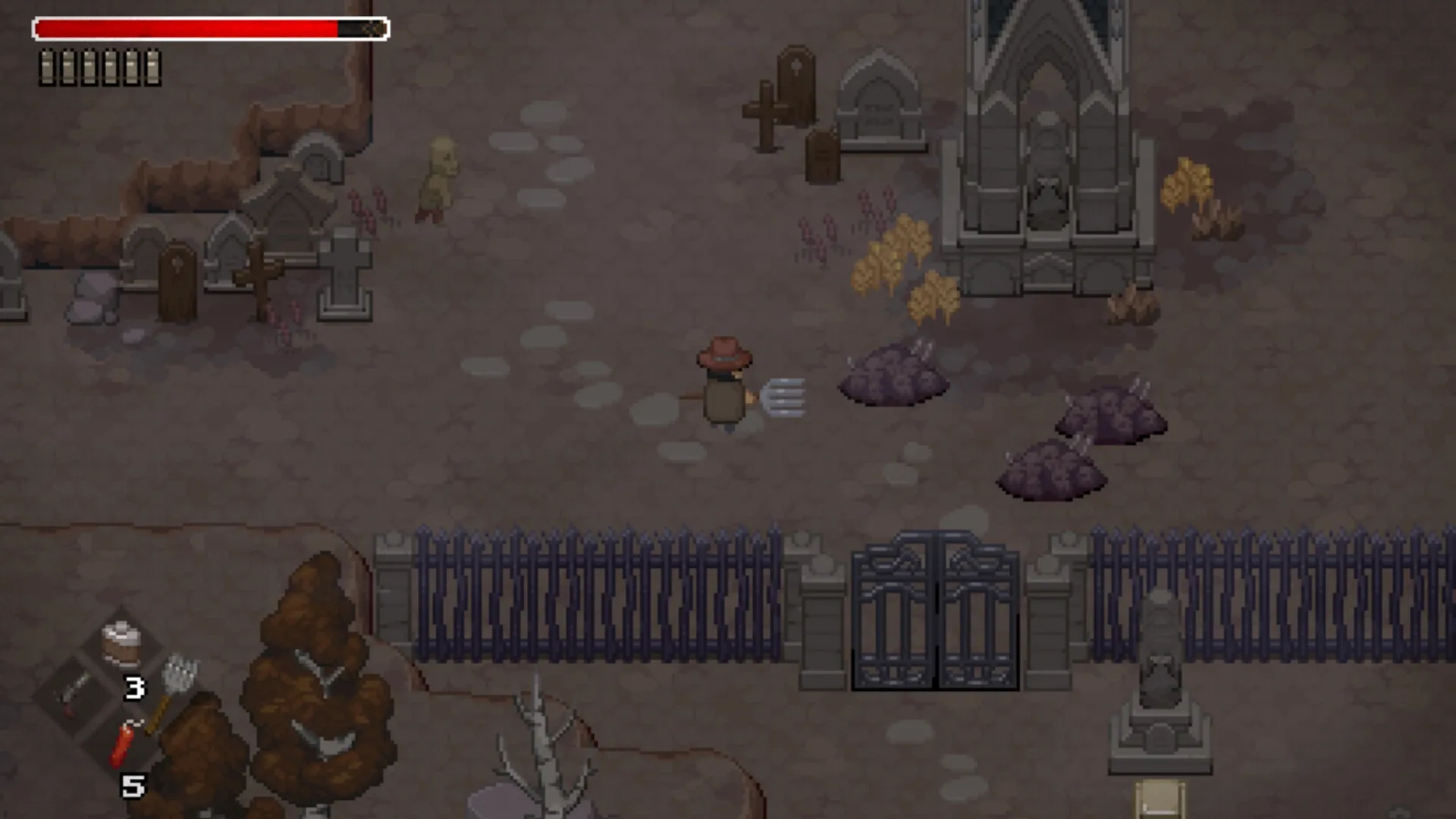 Tombwater: Character with pitchfork explores eerie graveyard, inventory and health bar displayed
