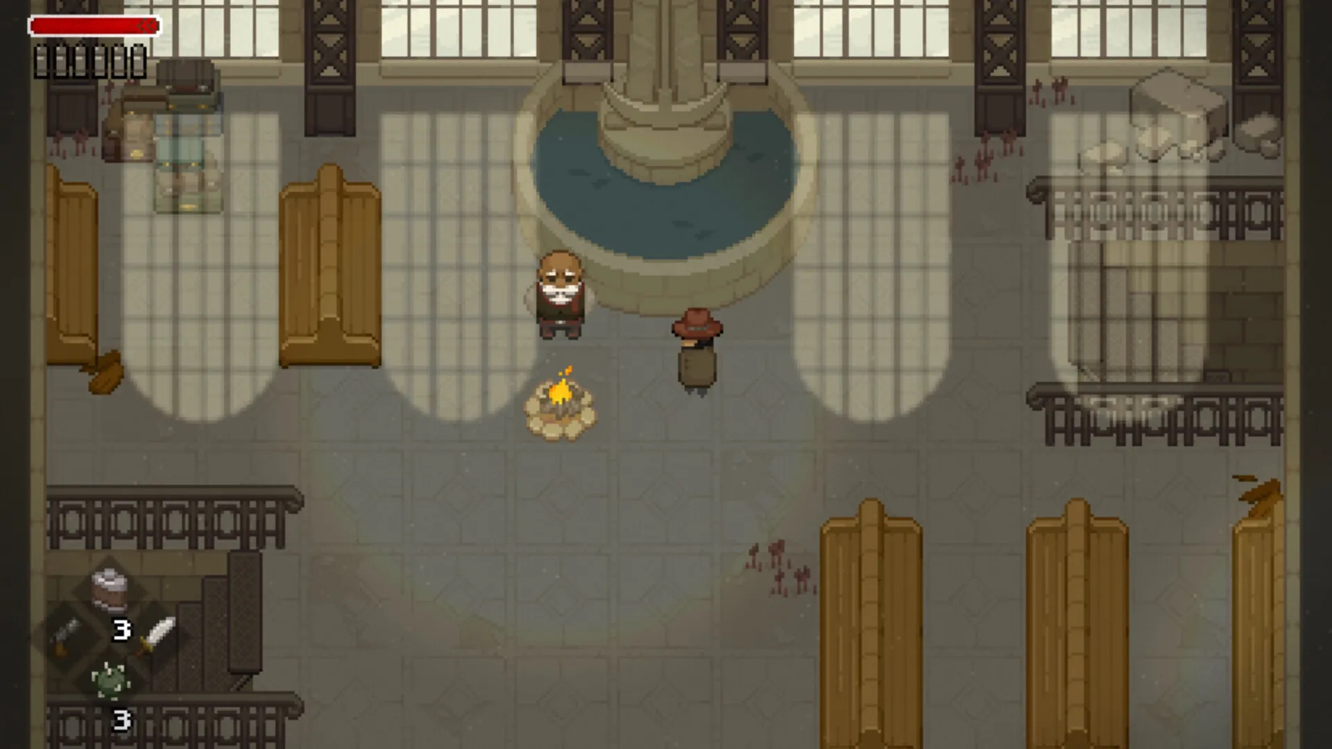 Tombwater: Player and NPC stand by a campfire inside a dimly lit church with UI inventory elements.