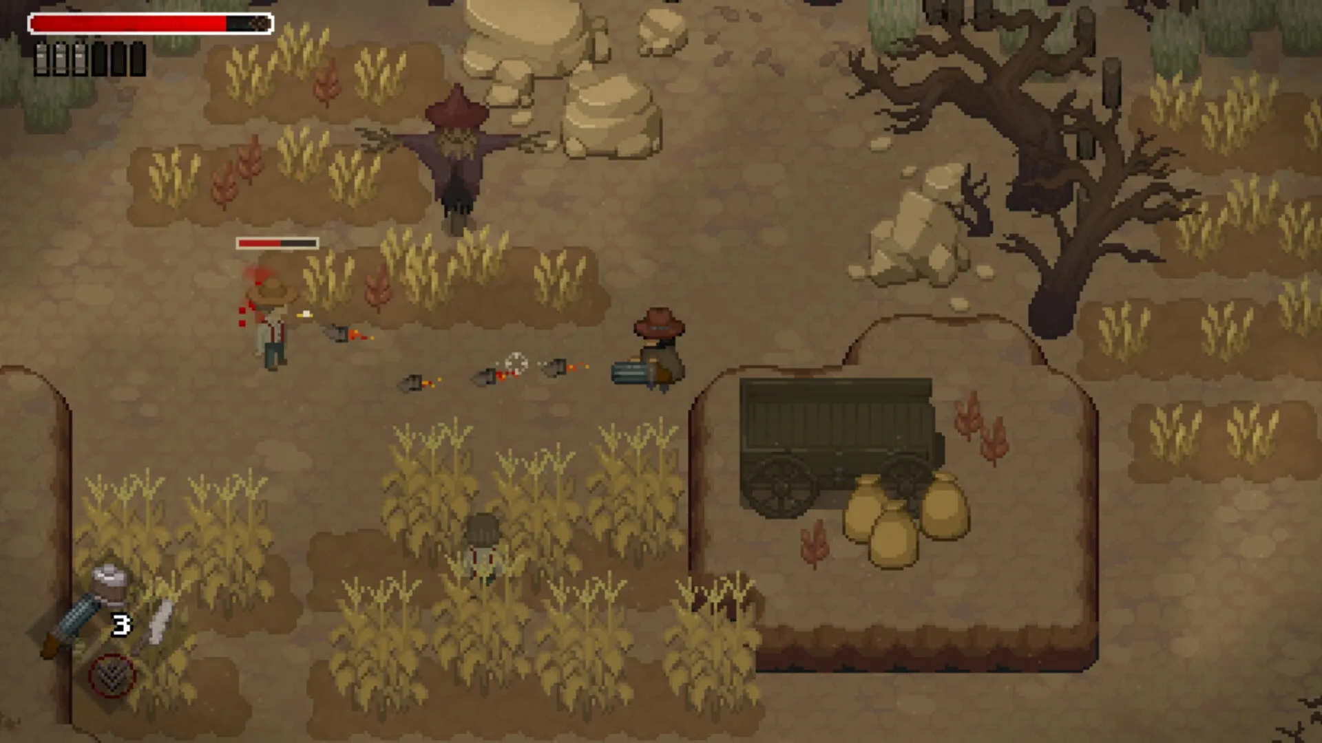 Tombwater: Player engages in gunfight with outlaw amidst barren fields and scattered boulders.