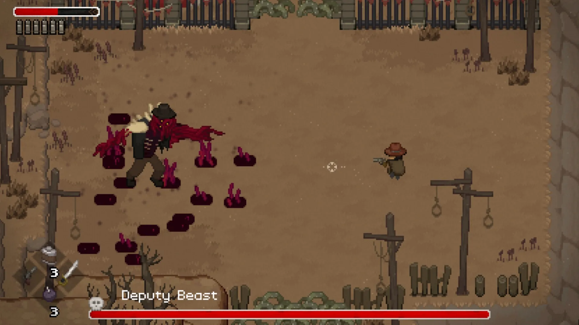 Tombwater: Player faces off against Deputy Beast in a dusty arena with health bars visible