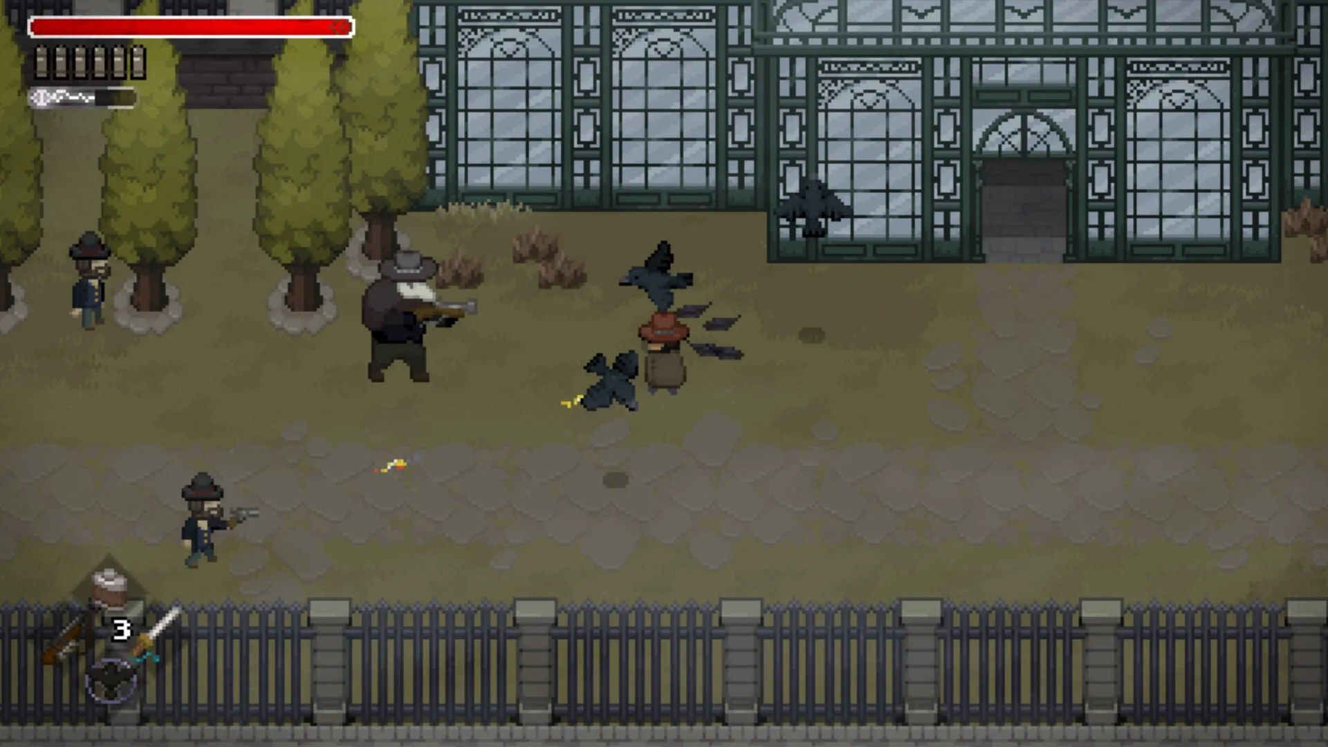 Tombwater: Player battles crows outside a greenhouse while UI displays health and ammo bars