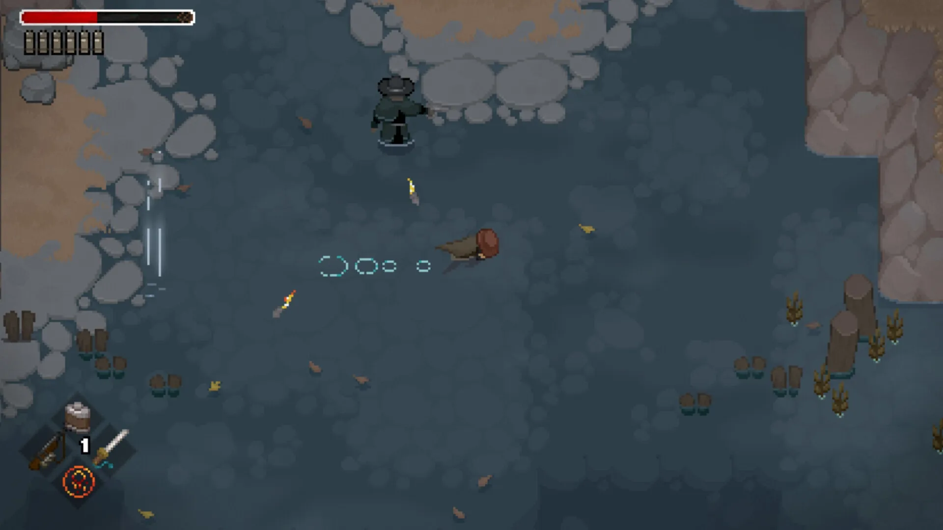 Tombwater: Player character dodges bullets while engaging enemy in rocky canyon path with HUD visible