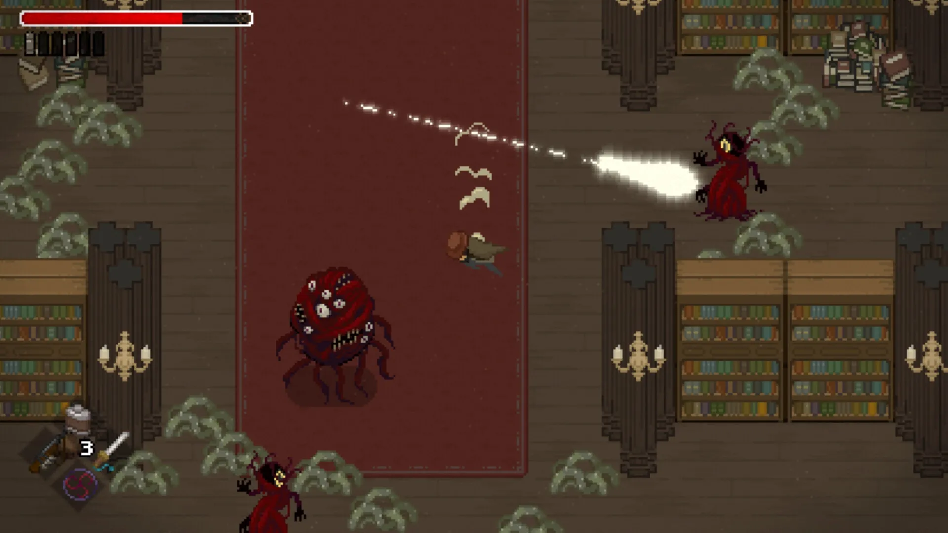 Tombwater: Player uses ranged attack against eldritch horrors in a dimly lit library with bookshelves.