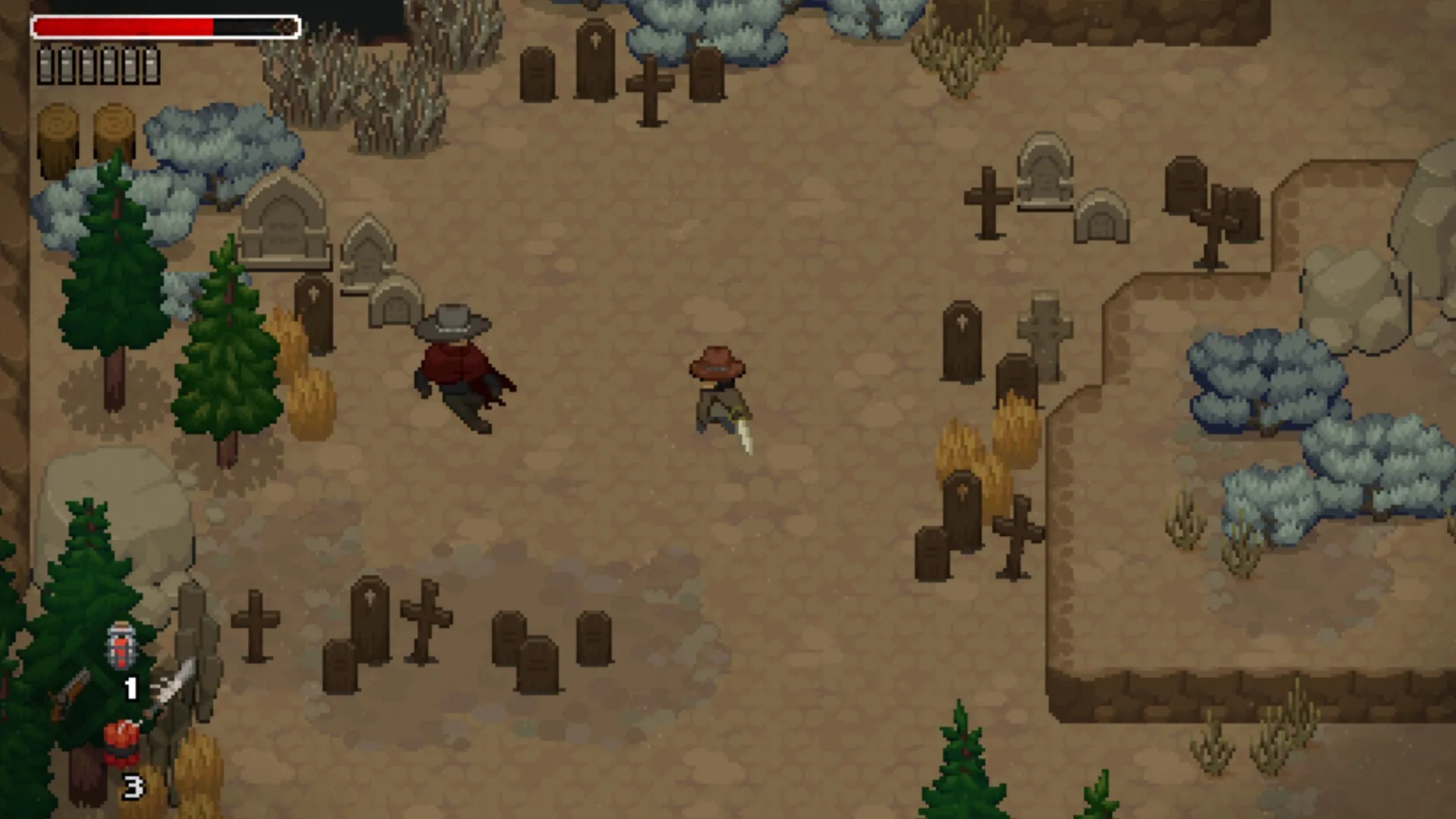 Tombwater: Two characters navigate a graveyard with tombstones and trees, health bar in top corner