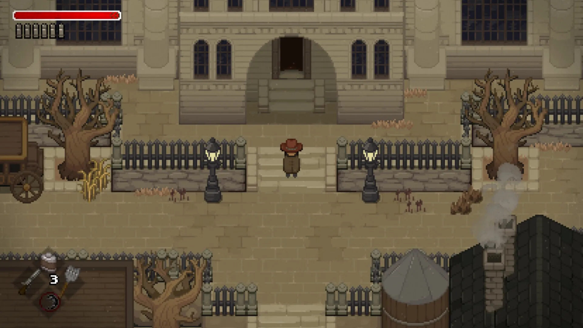 Tombwater: Lone cowboy stands before eerie mansion entrance, health bar visible in haunted town square.