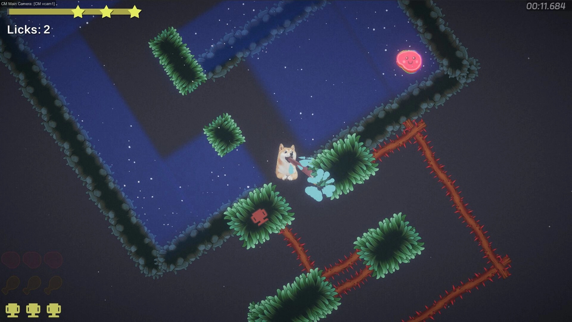 Tongue of Doge: Doge uses tongue to climb spiked vines in a starry night maze with a smiling pink orb