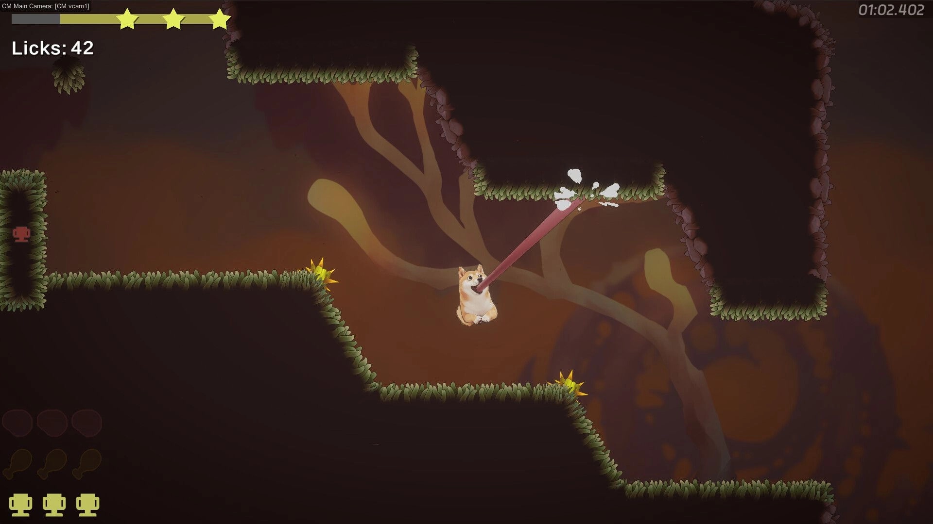 Tongue of Doge: Doge using tongue to swing between platforms in a cave setting, with 42 licks counted.