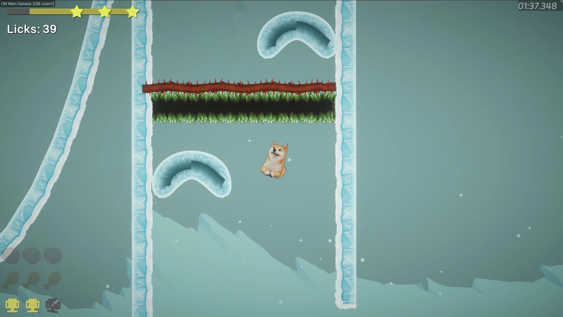 Tongue of Doge: Doge jumps between icy platforms with spikes overhead, 39 licks, timer on screen