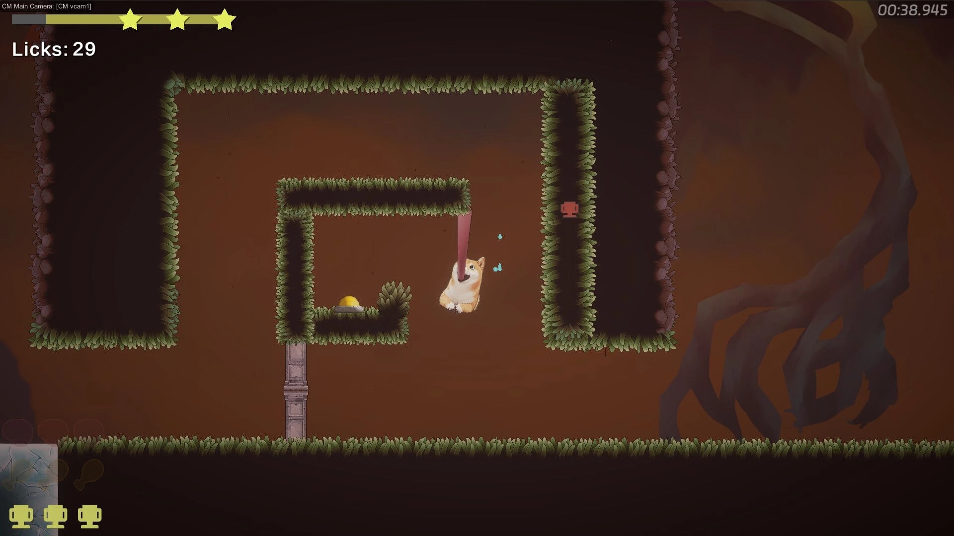 Tongue of Doge: Doge uses tongue to climb grassy maze with counter and timer in dark cavern environment